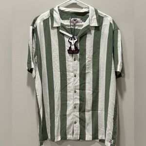 Hunky Trunks beach shirt in olive and cream stripe Size Large